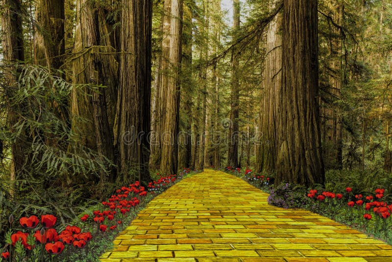 Estrada amarela do tijolo que conduz através de uma floresta