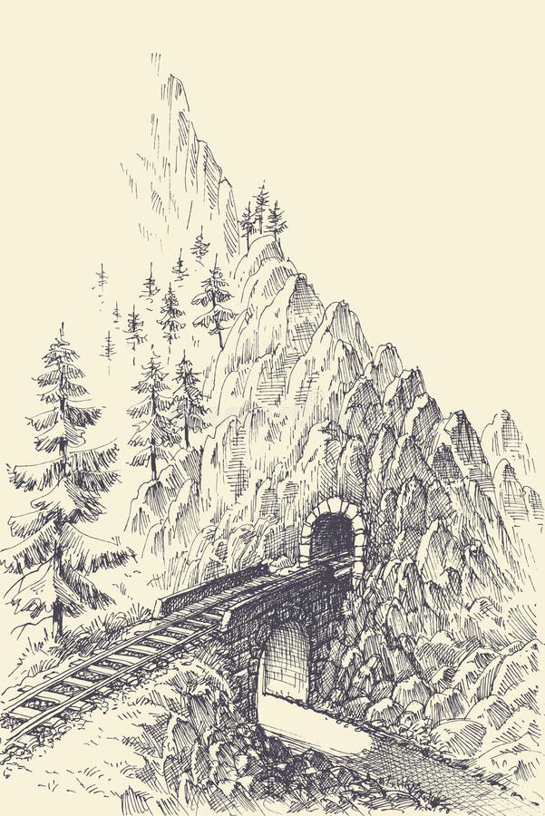 A estrada de ferro, a ponte e o trem escavam um túnel nas montanhas