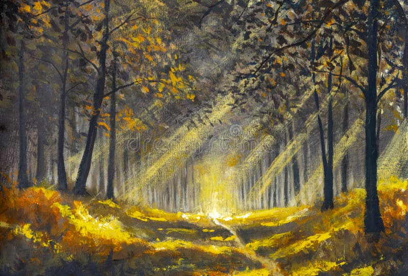 Estrada de luz do sol no verão da primavera parque florestal ensolarado. paisagem de pinturas de petróleo