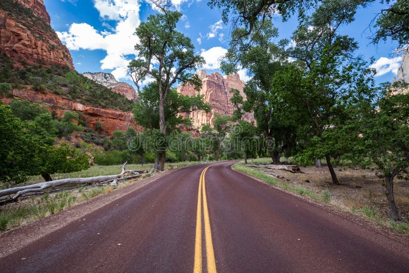 Estrada vermelha típica em Zion National Park, Utá, EUA imagem de stock Estrada vermelha típica em Zion National Park, Utá, EUA imagem de stock