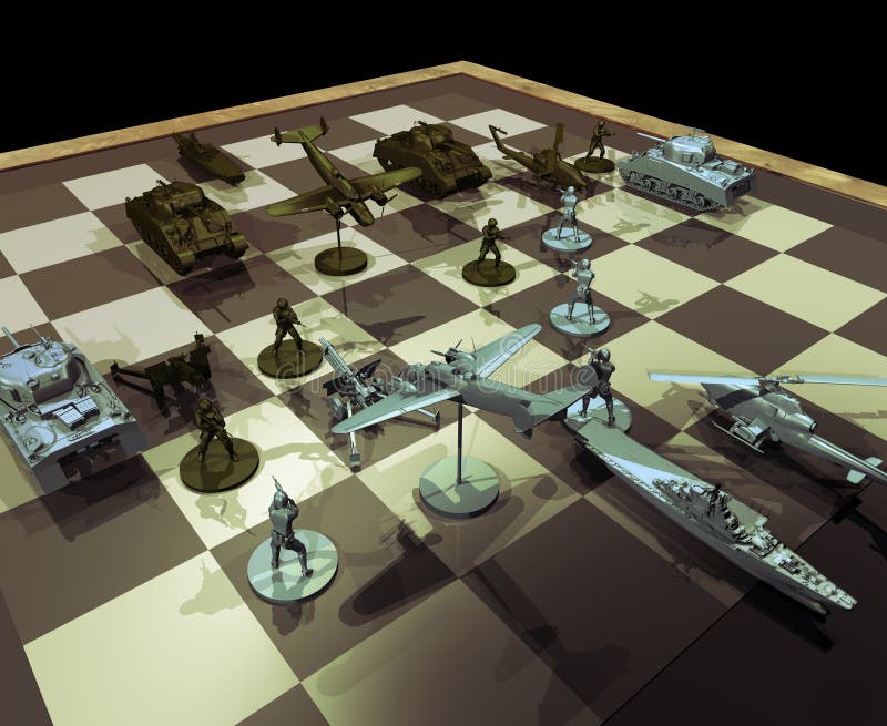 Chessboard with war pieces, concept presentation of combat and war strategies. Chessboard with war pieces, concept presentation of combat and war strategies.