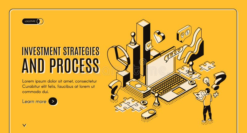 Investment strategies and process isometric web banner. Businessman stand at huge laptop with business icons and charts, financial instruments for money wealth growth 3d vector landing page, line art. Investment strategies and process isometric web banner. Businessman stand at huge laptop with business icons and charts, financial instruments for money wealth growth 3d vector landing page, line art