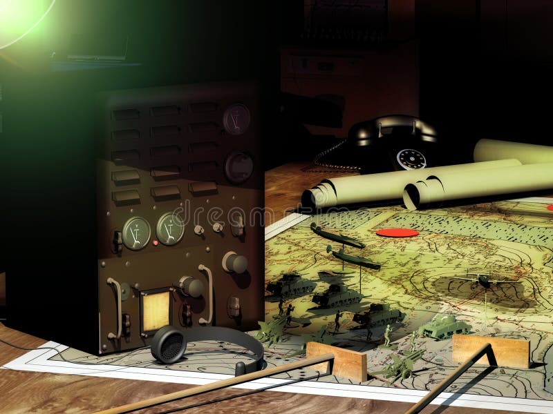 Army headquarters with war pieces on a map, concept presentation of combat and war strategies. Radio transmitter at the foreground, to communicate to the front the adopted strategies. Army headquarters with war pieces on a map, concept presentation of combat and war strategies. Radio transmitter at the foreground, to communicate to the front the adopted strategies.