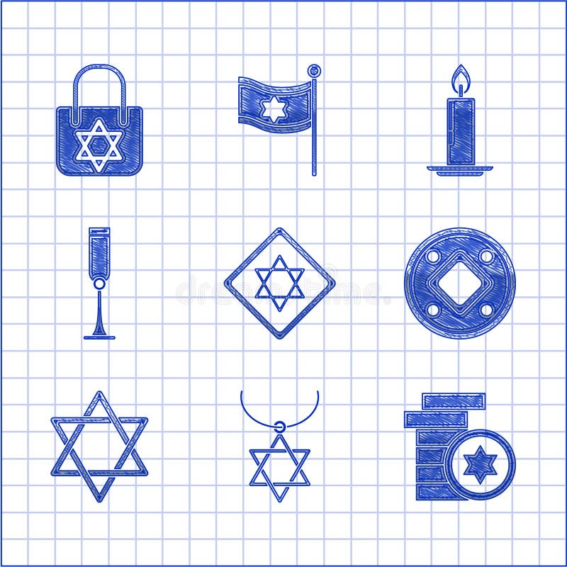 Set Star of David necklace on chain Jewish coin goblet Burning candle candlestick and Shopping bag with star david icon. Vector. Set Star of David necklace on chain Jewish coin goblet Burning candle candlestick and Shopping bag with star david icon. Vector.