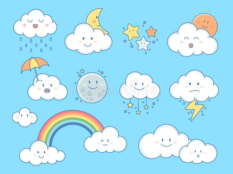  Estrella De Las Nubes De Dibujos Animados Y Cielo Aislados En Un Fondo Azul. Ilustración del Vector