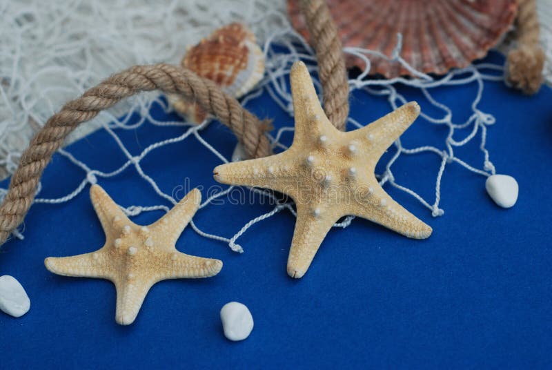 Estrellas de mar, Shell, piedras, cuerda y red contra un fondo azul con el espacio de la copia Verano Holliday Náutico, concepto fotografía de archivo