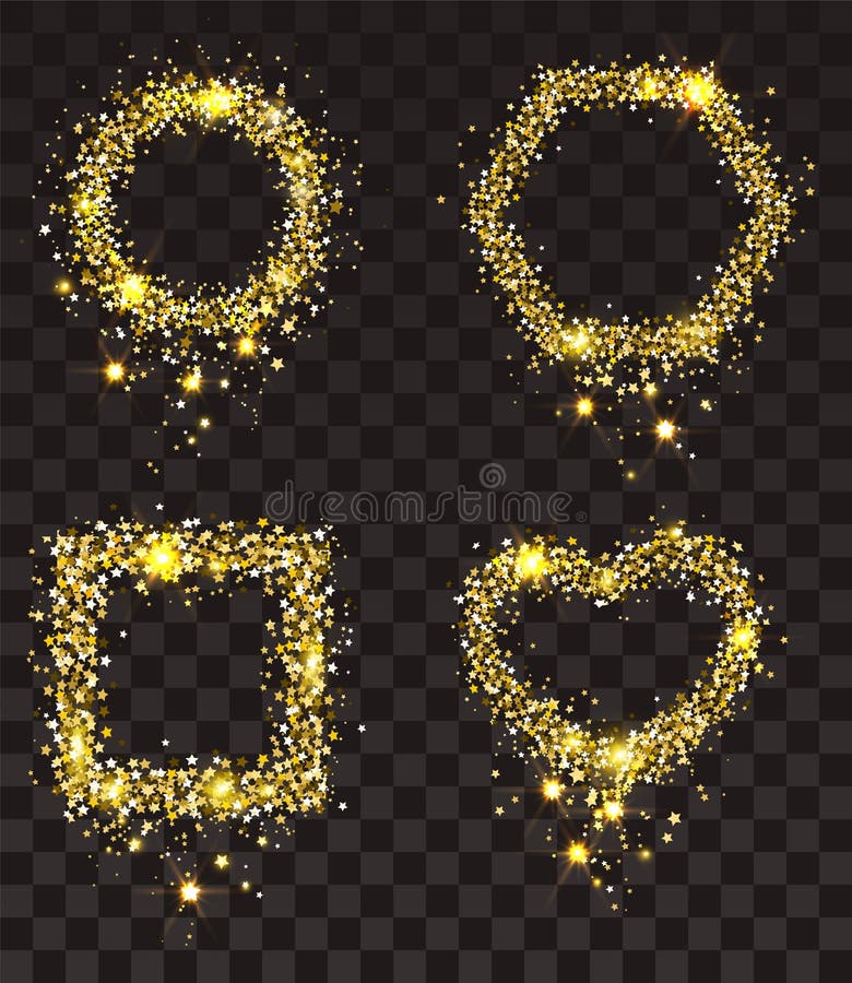 Estrellas del oro en fondo transparente El sistema del bastidor del oro protagoniza el rectángulo, forma del corazón, círculo, he stock de ilustración Estrellas del oro en fondo transparente El sistema del bastidor del oro protagoniza el rectángulo, forma del corazón, círculo, he stock de ilustración