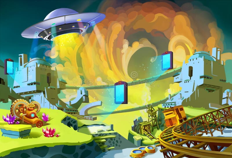 Estructura del UFO algunos portales extraños sobre Gem Mine Area olvidado ilustración del vector Estructura del UFO algunos portales extraños sobre Gem Mine Area olvidado ilustración del vector