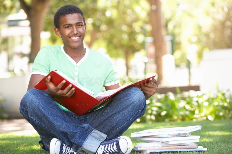 Estudante adolescente masculino que estuda no parque imagem de stock royalty free Estudante adolescente masculino que estuda no parque imagem de stock royalty free