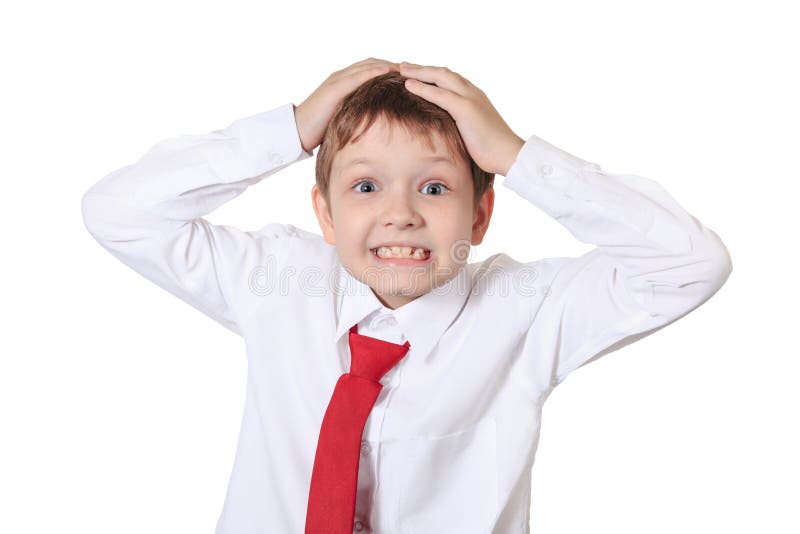 Estudante forçada que guarda seu cabeça, frustração ou medo, isolat imagem de stock royalty free Estudante forçada que guarda seu cabeça, frustração ou medo, isolat imagem de stock royalty free