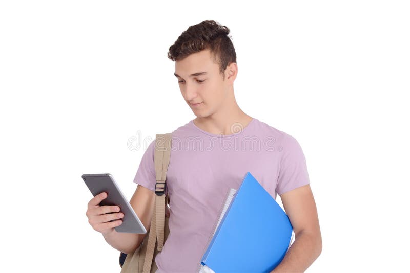 Estudante latin novo que usa a tabuleta digital fotos de stock Estudante latin novo que usa a tabuleta digital fotos de stock