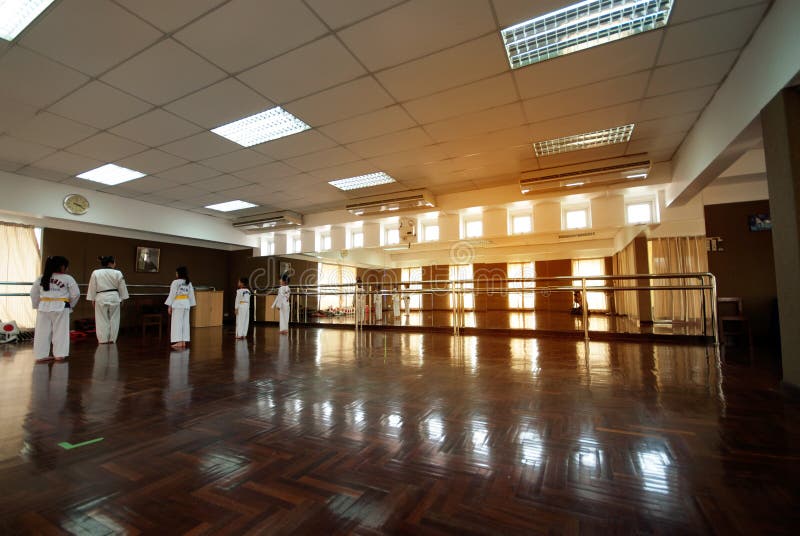 Estudante que aprende o karaté na sala do esporte na escola imagens de stock Estudante que aprende o karaté na sala do esporte na escola imagens de stock