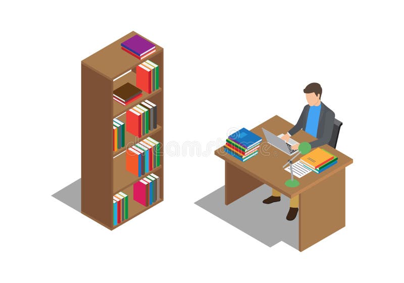 Estudante Studies com o portátil na mesa na biblioteca ilustração stock Estudante Studies com o portátil na mesa na biblioteca ilustração stock