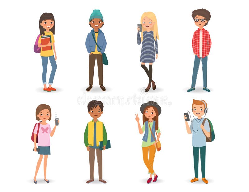 Estudantes internacionais com livros, telefones e trouxas ilustração royalty free Estudantes internacionais com livros, telefones e trouxas ilustração royalty free