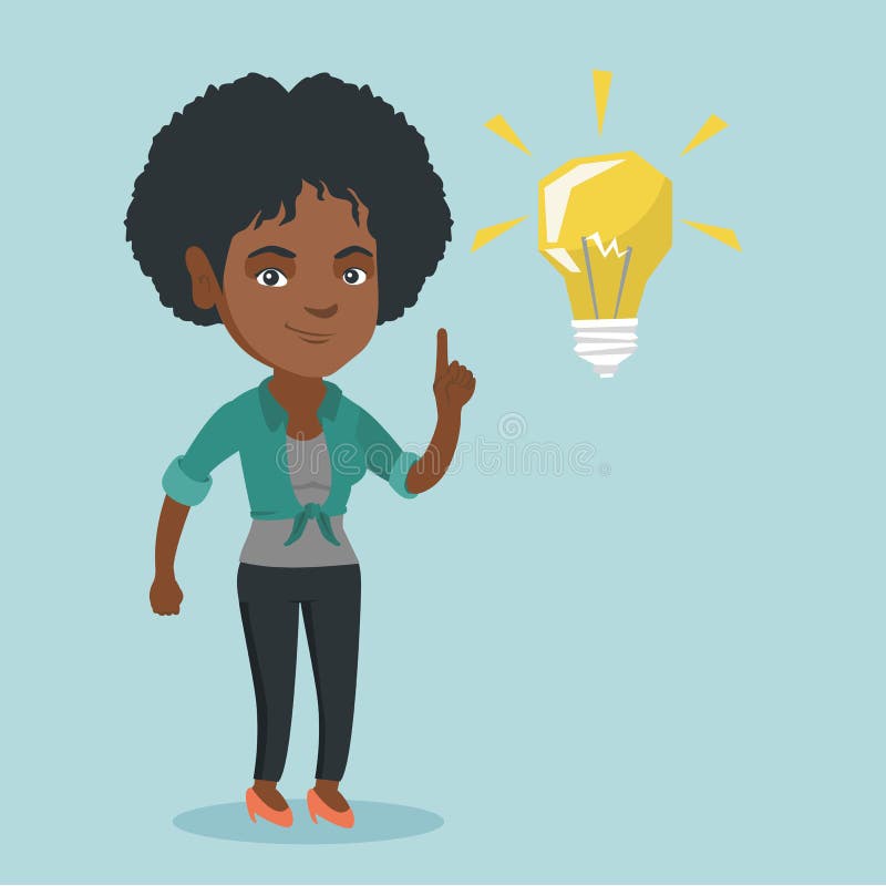 Estudiante africano joven que señala en la bombilla de la idea ilustración del vector Estudiante africano joven que señala en la bombilla de la idea ilustración del vector