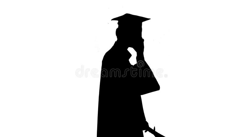 Estudiante graduado de silueta comienza a caminar y hacer una llamada. libre illustration