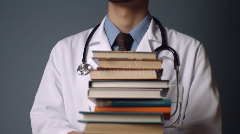 Estudiante universitario de medicina con pila de libros cerrados stock de ilustración