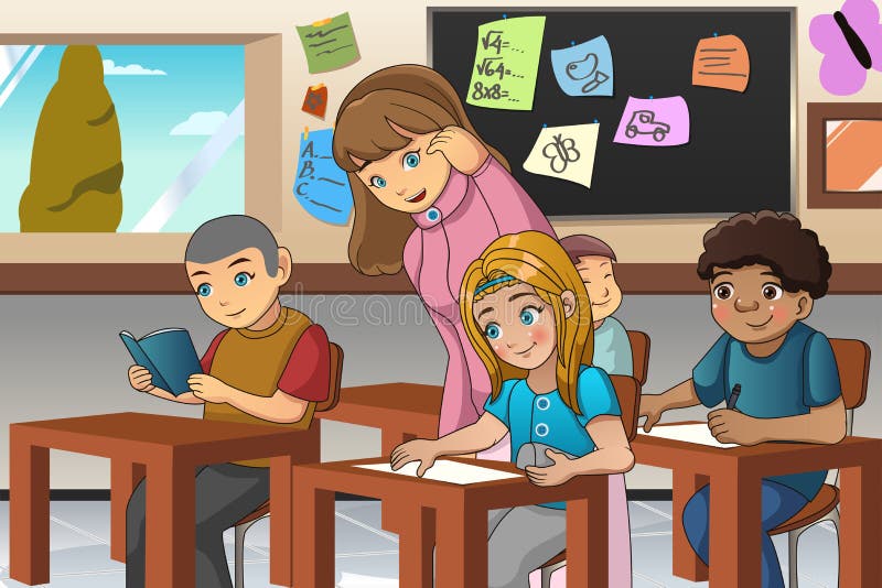Estudiante y profesor en la sala de clase libre illustration Estudiante y profesor en la sala de clase libre illustration