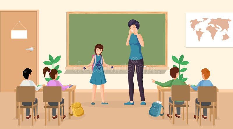 Estudiantes en ilustración vectorial en aula Niña confusa con manchas de tinta en la ropa de profesor de clase parado cerca