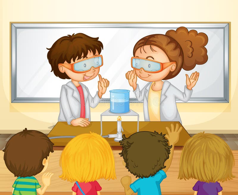 Estudiantes que hacen el experimento de la ciencia en sala de clase libre illustration Estudiantes que hacen el experimento de la ciencia en sala de clase libre illustration