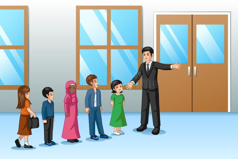 Estudiantes que se alinean fuera de la sala de clase con el profesor libre illustration Estudiantes que se alinean fuera de la sala de clase con el profesor libre illustration
