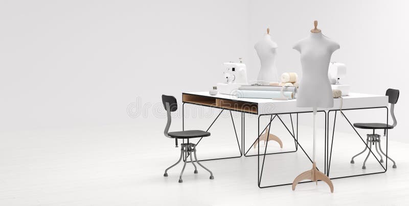 Estudio brillante del taller con los diversos artículos, telas y colocación de costura de los maniquíes foto de archivo Estudio brillante del taller con los diversos artículos, telas y colocación de costura de los maniquíes foto de archivo