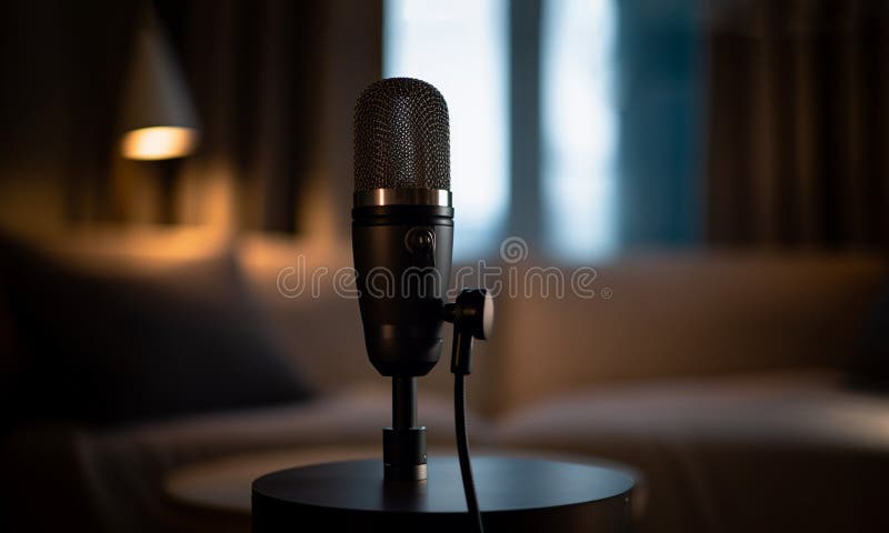 primer plano del micrófono de estudio con monitor de pc fuera de foco con  iluminación de neón. concepto de podcast, grabación y estudio de streaming.  3d renderizar Fotografía de stock - Alamy
