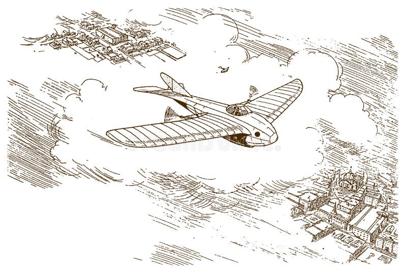 Estudio futurista de un avión monoplano que sobrevuela una ciudad a gran altura