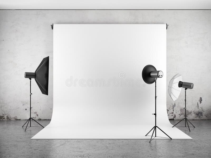 Estudio vacío de la foto con el equipo de iluminación stock de ilustración Estudio vacío de la foto con el equipo de iluminación stock de ilustración