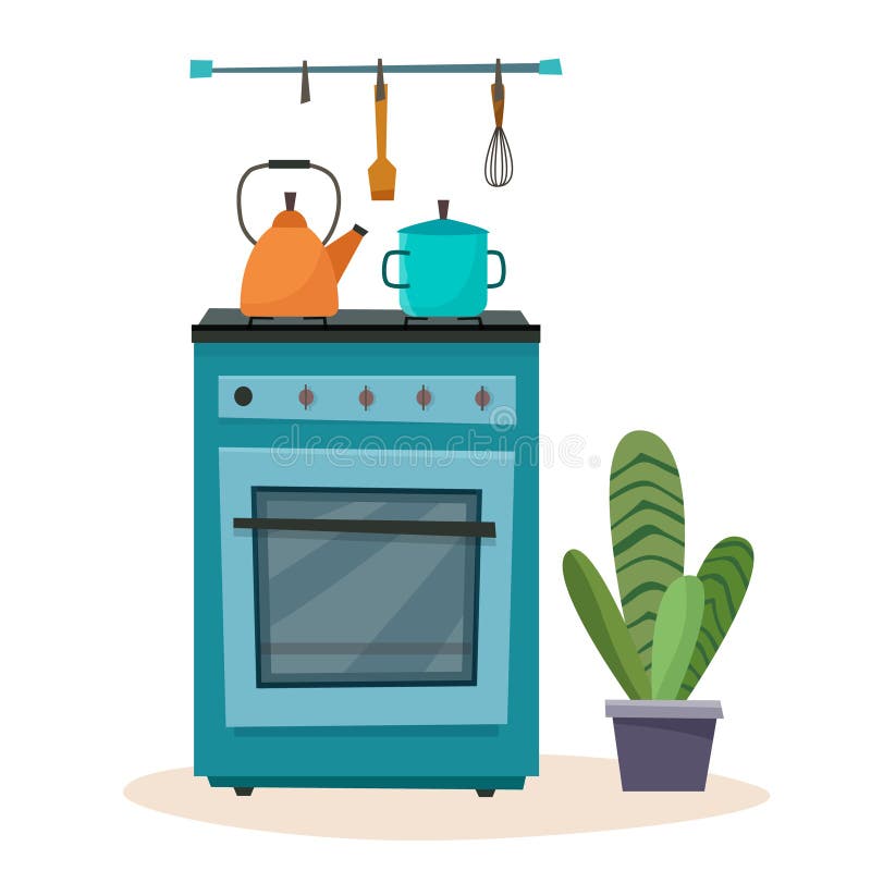 Estufa En La Cocina. Horno Con Platos. Ilustración del Vector - Ilustración de plano, calor: 218672116 Estufa En La Cocina. Horno Con Platos. Ilustración del Vector - Ilustración de plano, calor: 218672116