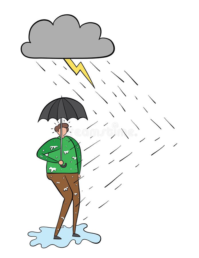 Está chovendo e o homem obtém molhado mesmo que abra um guarda-chuva ilustração stock Está chovendo e o homem obtém molhado mesmo que abra um guarda-chuva ilustração stock