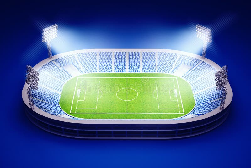 Estádio com campo de futebol com as luzes na obscuridade - fundo azul ilustração royalty free Estádio com campo de futebol com as luzes na obscuridade - fundo azul ilustração royalty free