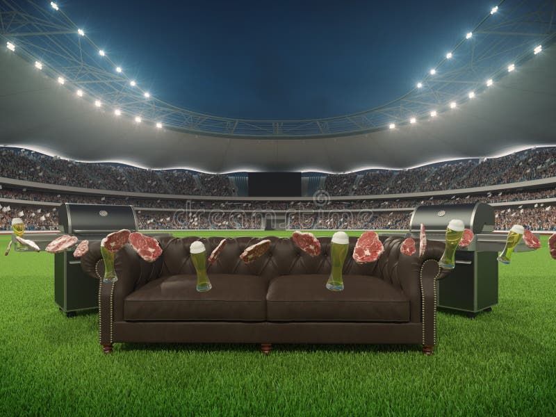 Estádio com um sofá no meio rendição 3d imagens de stock Estádio com um sofá no meio rendição 3d imagens de stock