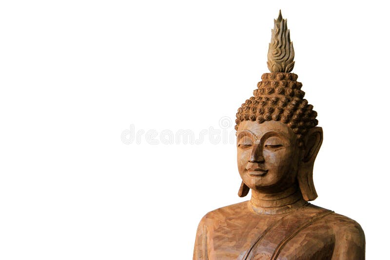 Estátua de madeira de buddha isolada no fundo branco imagens de stock Estátua de madeira de buddha isolada no fundo branco imagens de stock