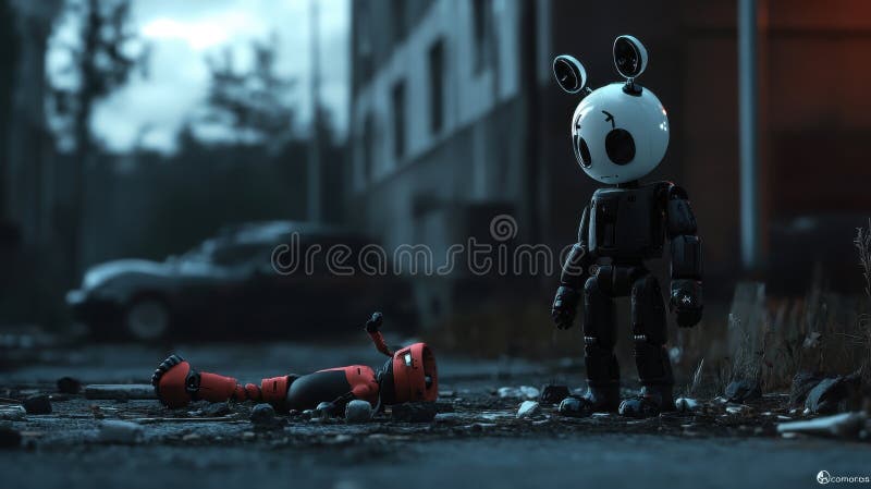 Estúpida compañía de robots de día de juguete en un misterioso entorno urbano stock de ilustración
