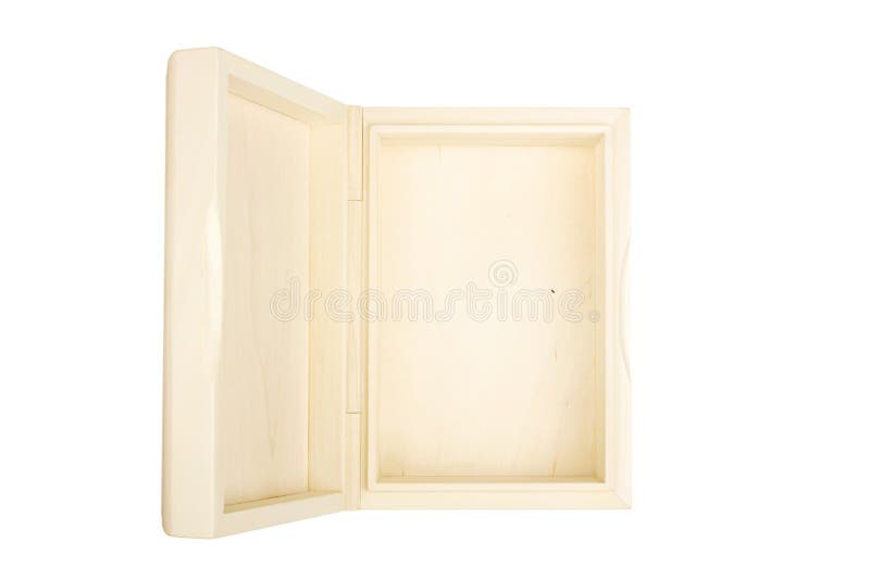 Caixa de madeira vazia e aberta isolada sobre um fundo branco imagem de stock