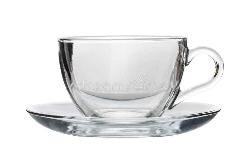 Esvazie a xícara de chá transparente com os pires isolados no branco imagens de stock royalty free Esvazie a xícara de chá transparente com os pires isolados no branco imagens de stock royalty free