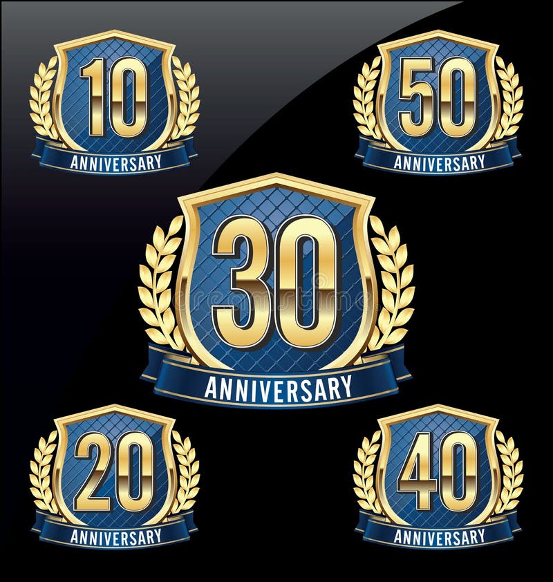 Or et bleu 10ème, 20ème, 30ème, quarantième, cinquantième années d'insigne d'anniversaire illustration stock Or et bleu 10ème, 20ème, 30ème, quarantième, cinquantième années d'insigne d'anniversaire illustration stock