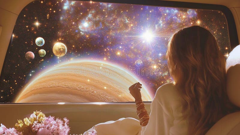 ET Princess hade Luxury Jewelry på ett kungligt rymdskepp och tittade igenom ett fönster med ett konsomiskt universum med stars pl royaltyfri illustrationer