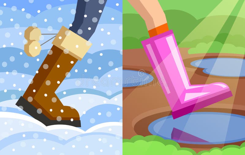 Legs of walking person, one foot dressed in winter boot on snowy winter background, another foot dressed in rubber boot on spring background. Step from winter to spring. Change of seasons concept. Legs of walking person, one foot dressed in winter boot on snowy winter background, another foot dressed in rubber boot on spring background. Step from winter to spring. Change of seasons concept