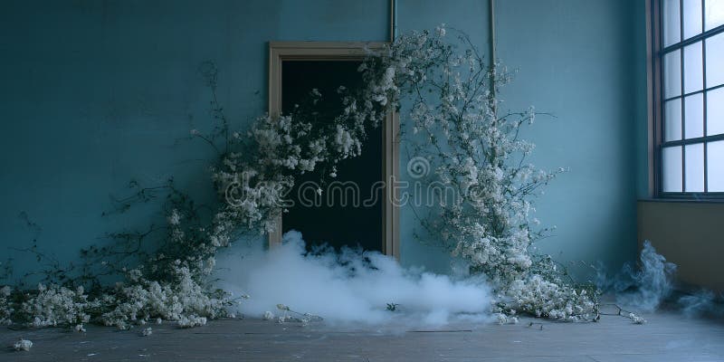 Eteriska vita blommor arkway-moody teal-rumsfoggy interidesign royaltyfri illustrationer