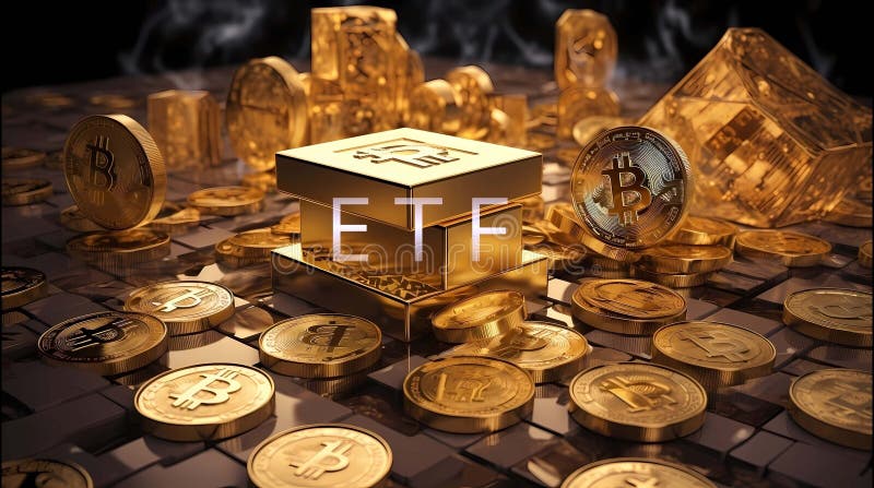 Etf text on bitcoin 3d render concept digital money fund etf and btc cryptoCurrency Concept Generierung ai Illustrationen. stock abbildung