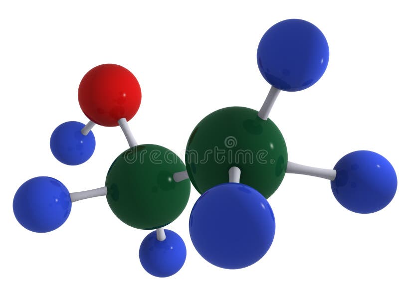 High quality 3D rendering of alcohol (ethanol) molecule C2H5OH. Isolated over white. Reflections. Oxygen molecule blue illustrations