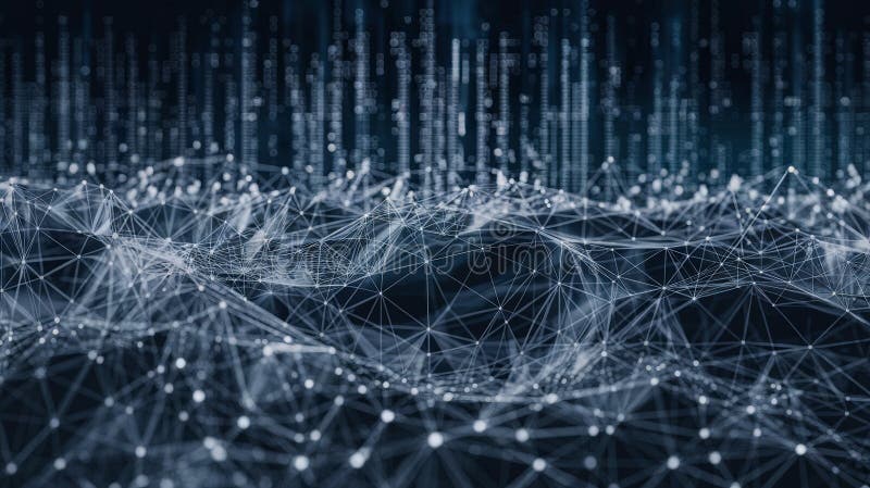 Etheral Digital Network med Lumined Data Nodes och Binary Rain vektor illustrationer