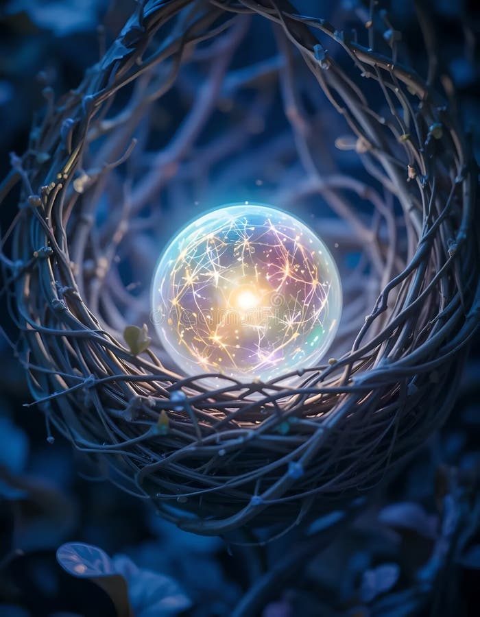 Etheral Glowing Orb : Mystiskt energinät i ett Mörkvinsbo stock illustrationer