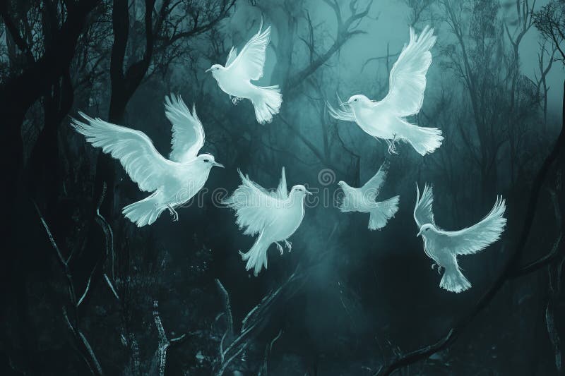 Etheral White Birds som flyger genom Mysterious Dark Forest royaltyfri illustrationer