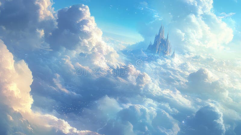 Etheral White Castle bland fluffy Blue Clouds stock illustrationer