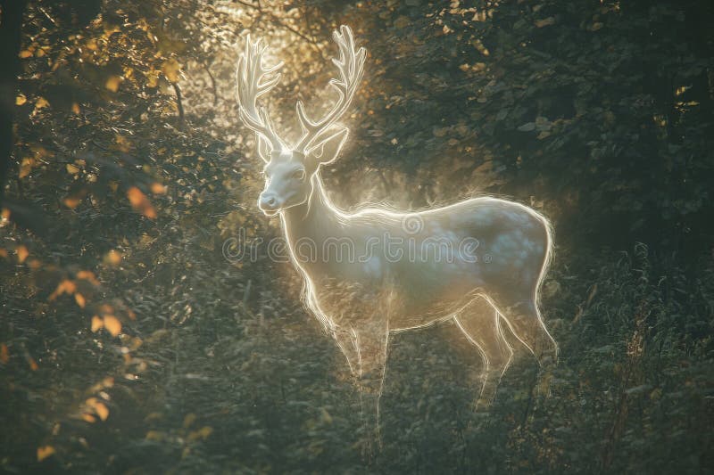 Etheral White Deer in Enchanted Forest with Soft Light Glow stock illustrationer