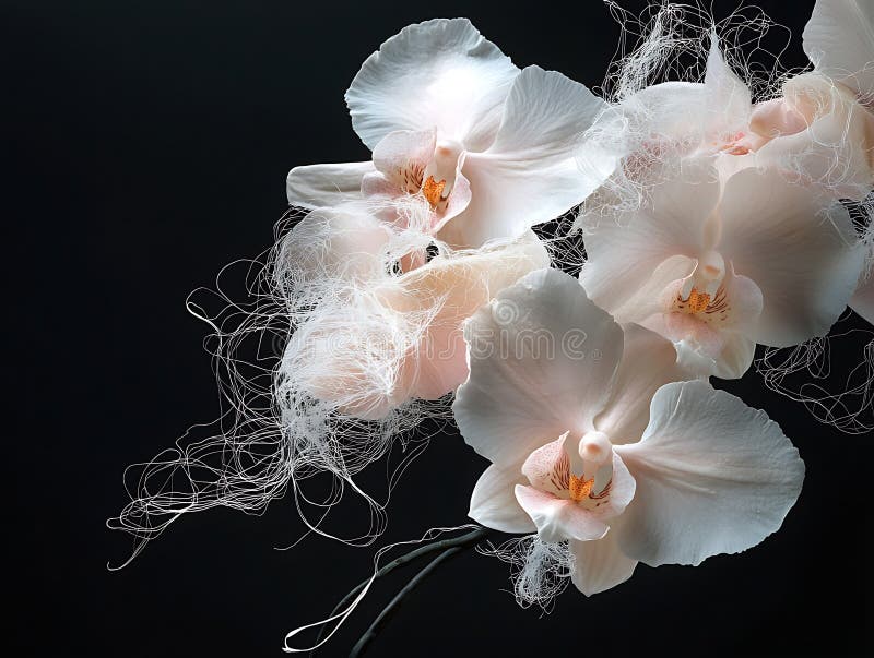 Etheral White Orchids Dance med delikata trådar mot mörker royaltyfri illustrationer