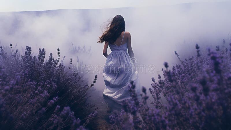 Etheral Woman står i en Dreamy Lavender Field Scene royaltyfri illustrationer